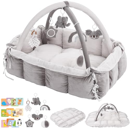 5-in-1 Baby Play Gym and Tummy Time Mat, 12 Learning Cards, Plush Activity Mat with 6 Toys, Baby Gym, Convertible to Ball Pit, Baby Gift, Grey