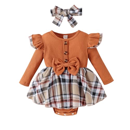 Newborn Baby Girl Fall Winter Outfit Set Plaid Romper Dress Ruffles Long Sleeve Clothes Jumpsuit with Bow Headband