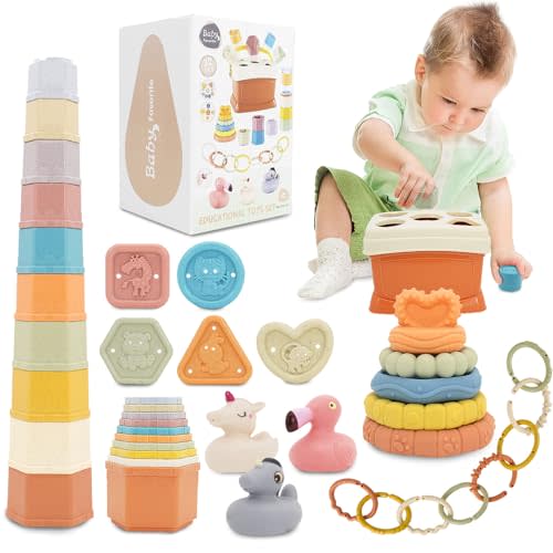 BYFWH Shape Sorters Baby Toys 5 in 1 Montessori Toy for 6-48 Months Stacking Cups,Rings Toy Links,Soft Stacking Rings,Blocks Set,Soft Animals Toys Shape Sorters for Toddlers 1-3