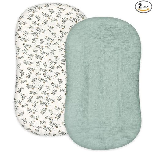 Hooyax Muslin Baby Lounger Cover 2 Pack, Organic Removable Lounger Slipcover for Newborn, Baby Padded Lounger Infant Floor Seat Covers for Boys Girls (Light Green & Leaf)