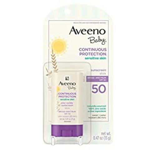 Aveeno Baby Continuous Protection Mineral Sunscreen Stick for Sensitive Skin with Broad Spectrum SPF 50 Protection for Face & Body, Naturally Sourced 100% Zinc Oxide, Travel Size, 0.47 oz