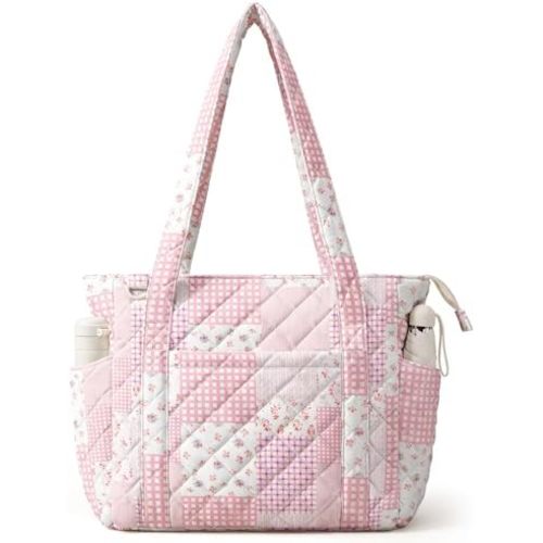 WOBAGMEN Quilted Tote Bag for Women, Floral Quilted Tote Bag with Zipper, Cute Shoulder Bag for Work, Travel, Gym