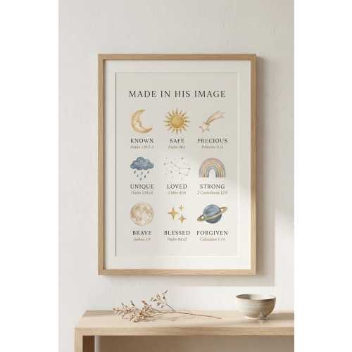 made in his image  Celestial Nursery Art, Moon Stars Bible Verse Print, Christian Kids Affirmation, Space Nursery Decor, Faith Wall Art