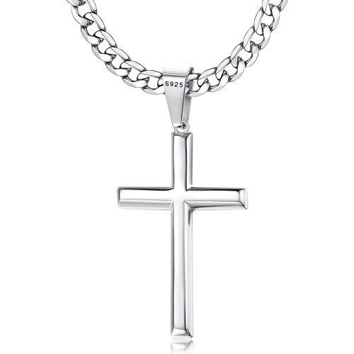 Besteel 925 Sterling Silver Cross Necklace Beveled Edge for Men Women 5mm Stainless Steel Non Tarnish Durable Cuban Link Curb Chain Crucifix Pendant Necklace Jewelry 16-30 Inches Christian Baptism Gifts