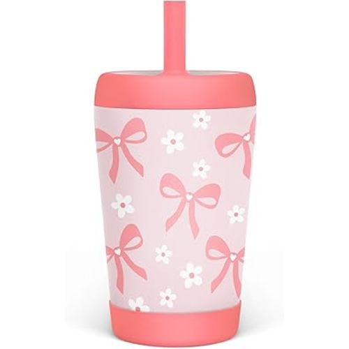 Kid Insulated Stainless Steel Tumbler with Silicone Straw, 12oz Sippy Cup for Kids (Pink Bows)