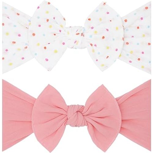 Baby Bling Bows - Newborn to Little Baby Girl Bows, 2 Pack Nylon Super Soft Stretchy Knot Toddler Headbands, Perfect Hair Accessories Head Bands for Infant Kids(White Rainbow Dot & Zinnia)