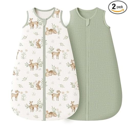Konssy Muslin Baby Sleep Sack 0-6 Months 0.8 TOG, 2 Pack 100% Cotton Wearable Blanket for Babies, 2-Way Zipper Breathable Sleeping Sack Infant Toddler Essentials for Girls and Boys (Woodland,Sage)