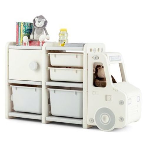 Costway Kids Toy Storage Organizer Toddler Playroom Furniture w/ Plastic Bins Cabinet Gray
