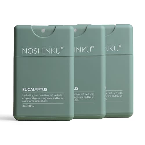 Noshinku - Refillable Hand Sanitizer Eucalyptus 3-Pack, Travel Size Spray with Hydrating Botanical Oils, Natural Ingredients, All Natural Fragrances, Sugarcane Derived Alcohol, No Parabens, No Dyes