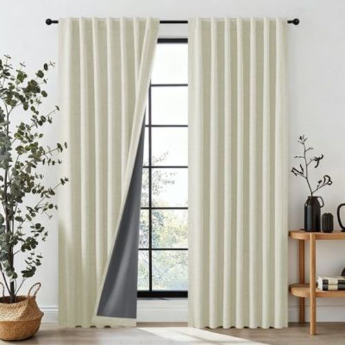 JoyDeco 52" x 96" Light Beige Thermal Insulated Faux Linen Textured 100% Blackout Curtains for Bedroom Rod Pocket & Back Tabs (Set of 2)