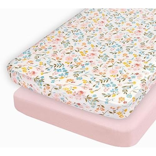 Muslin Cotton Crib Sheets for Girls, 2 Pack 52"x28" Fitted Baby Crib Sheet for Girl, Soft & Breathable Baby and Toddler Bed Sheets, Mattress Cover Muslin Cribs Sheet Set Nursery Gift Pink Floral