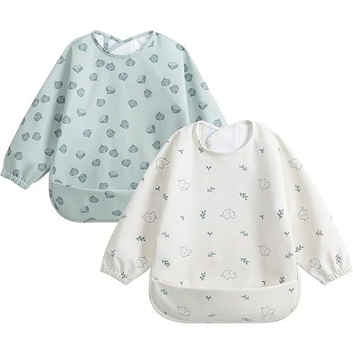 Little Dimsum Smock Bib,Long Sleeve Toddler Feeding Bib, Elastic Cuffs for Comfort, Large Catch-All Pocket, Waterproof Recycled Polyester - Durable Baby Smock Bib for Mealtime-Pack of 2 Colors