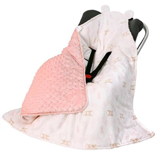LAT Baby Car Seat Blanket,Universal Newborn Swaddling Blanket,with Cute Ears Best for Boy Girl,Three-Layer Thickening Cotton Warm Baby Wrap for Pushchair, Pram, Crib,90 * 90 cm(No Hat,Rabbit)