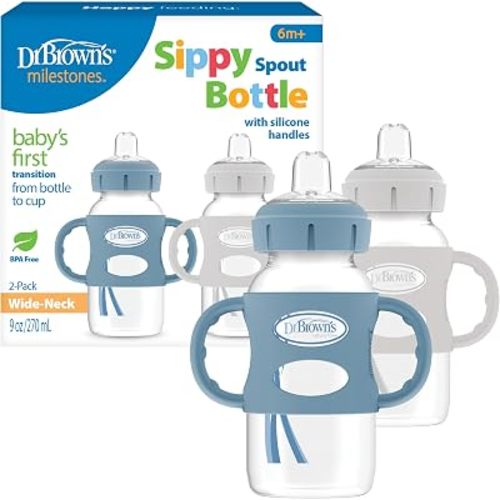 Dr. Brown's Wide-Neck Sippy Spout Bottle with Handles, Blue & Gray, 2-Pack