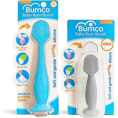 Bumco 2-PACK Diaper Cream Spatula - FULL-SIZE + MINI Baby Bum Brush with TRAVEL CASE - Diaper Cream Applicator for Baby - Baby Necessities - Suitable for Aquaphor, Desitin - Blue & Gray