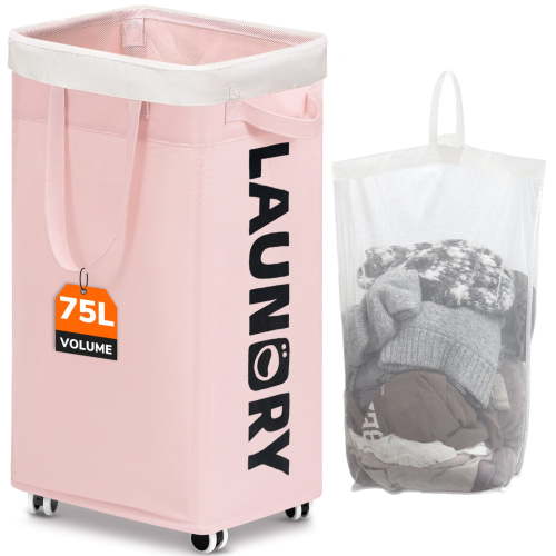 Timeyard 75L Rolling Laundry Hamper with Wheels and Removable Wash Bag, Tall Collapsible Large Laundry Basket for Adults and students Pink