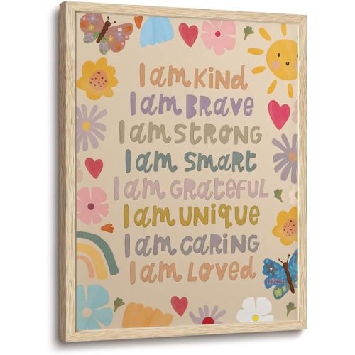 Inspirational Nursery Oak Framed Wall Art 12x16 | Inspirational Nursery Wall Decor, Positive Affirmations Canvas Print, Sunshine Butterfly Floral Picture