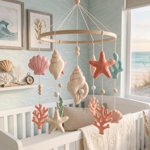 Personalized Seashell Baby Mobile, Custom Ocean Coral Nursery Bedroom Decor, Felt Starfish Pearl Shell Crib Mobile, Sea Girl Gift Shower