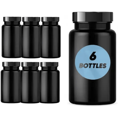 Plastic Pill Bottle (6 Pack) Dark Amber Container with Smooth Black Lid, 38-400 Neck, 120 cc Capacity