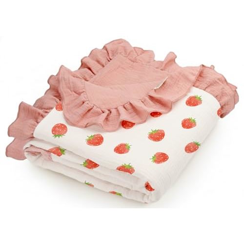meowcards Muslin Swaddle Ruffled Blankets for Baby, Unisex Baby Boys Girls Essentials, Large 52 x 52 inches, Boho Receiving Blankets Newborn Registry Must Haves (Blush Berry-Ruffled, Printed)