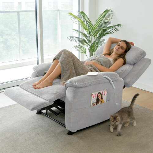 BSHTI 34.84" Power Recliner Chair with Remote, Chenille Upholstery, Ergonomic Lounge Chair for Living Room, Side Storage Pockets, and Near-Flat Recline, Light Grey