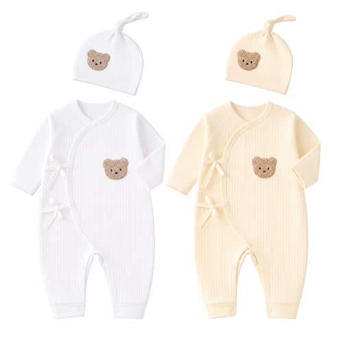 2-Pack 100% Cotton Newborn Baby Clothes Set - Side Kimono Romper with Hat, Essential Coming Home Outfit for Boy Girl