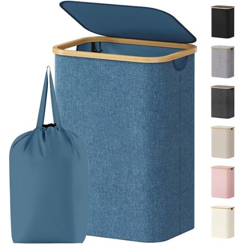 Lifewit 80L Laundry Basket with Lid, Clothes Hampers for Laundry with Bamboo Handles and 1 Removable Bag, Large Foldable Laundry Hamper for Bedroom, Bathroom, Dorm, Laundry Room, Dark Blue
