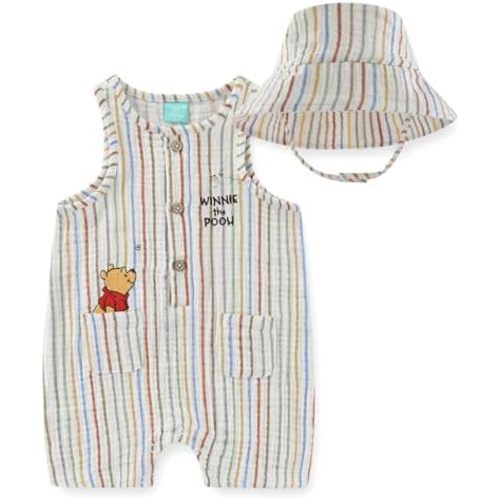Disney Pooh Baby Boys Gauze Sleeveless Romper with Bucket Hat 2 Piece Set
