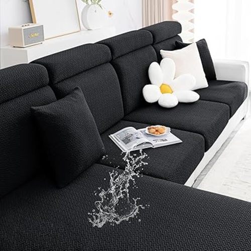 Smiry Waterproof Couch Cushion Covers, Stretch Jacquard Sectional Couch Covers, L Shape Chaise Lounge Sofa Slipcover, Washable Elastic Furniture Protector for Pets, Kid (Chaise Cover, Grey)
