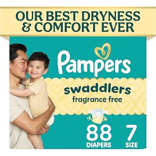 Pampers Swaddlers Diapers, Size 7 (26-50 lbs), 88 Count, Fragrance Free, Hypoallergenic, Absorbent, Pediatrician Recommended, Skin Safe