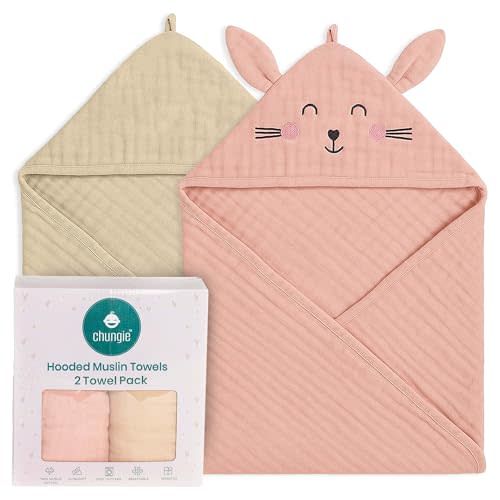 Chungie Soft Muslin Hooded Baby Towels 32x32 inches  100% Cotton, 6-Layer Breathable Newborn Bath Towels with Hood, Pack of 2 (Printed + Embroidered)