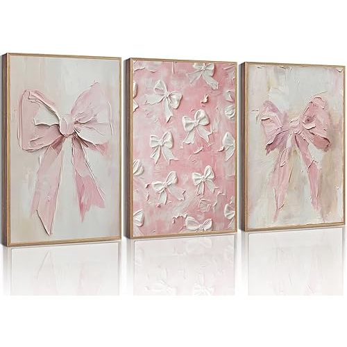 3Pcs Trendy Pink Bows Canvas Wall Art Vintage Cute Preppy Watercolor Bows Painting Pictures Wall Decor Posters Prints Girly Aesthetic for College Apartment Bedroom Decoration Unframed