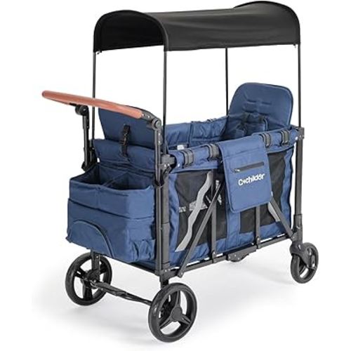 Elite 2 Seater Wagon Stroller for Kids, Foldable Stroller Wagon with Removable Seats & Canopy, 5-Point Safety Harness, Adjustable Handle, Blue