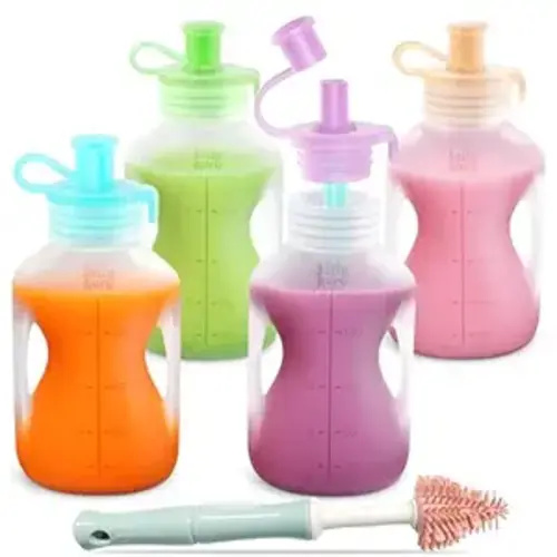 Silicone Reusable Baby Food Pouches with Straws, Leakproof Refillable Squeeze Pouches, Dishwasher, Freezer, Microwave Safe, Baby Food Storage for Homemade Puree, Yogurt (one size, Count, 4)
