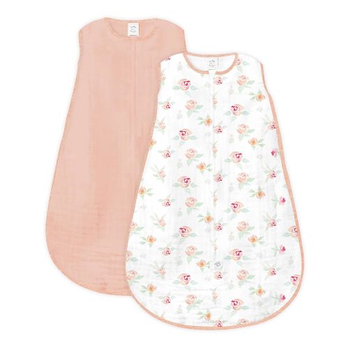 SwaddleDesigns Baby Sleep Sack 0-6 months, Cotton Muslin Wearable Blanket with 2-way Zipper, Non-Weighted Sleeping Sack for Safer Sleep, Watercolor Peachy Pink Floral and Peachy Pink, 2 Pack, Small