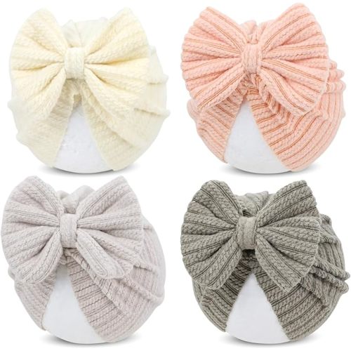 Cinaci 4 Pieces Baby Girls Turban Hats with Bow Newborn Hospital Caps Bonnets Beanies Headwraps for Infants Toddlers