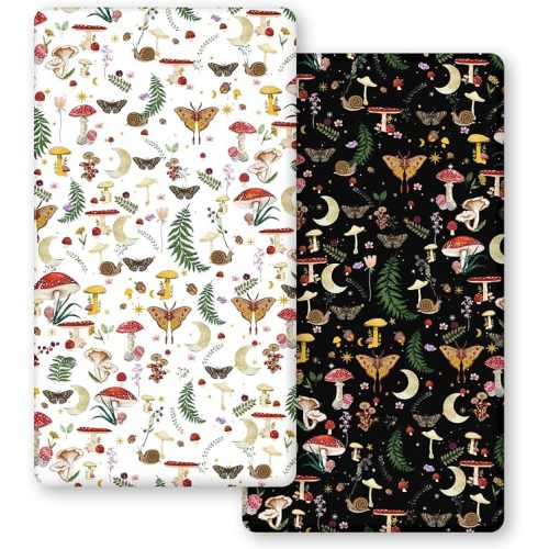 Horaldaily 2 Pack Fitted Crib Sheet for Boys Girls,Soft Breathable Washable Jersey Microfiber Baby Crib Sheet, Fits Standard Size Crib Mattress 28in x 52in, Mushroom Planting Nursery Sheet Black/White