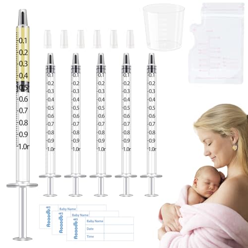 Colostrum Collector Kit Include 100pcs 1ml Sealed Breast Milk Collector No Needle Colostrum Syringes 5 Breastmilk Storage Bags and 1 piece 30 ml measuring cup with 100 Stickers