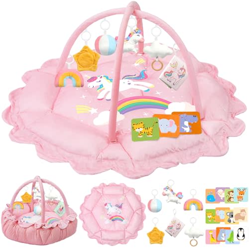 5-in-1 Baby Gym Play Mat with Cartoon Pattern, Extra Thick Plush Tummy Time Activity Gym with Hanging Toys, Sensory Development & Motor Skills Training Floor Mat, Unicorn