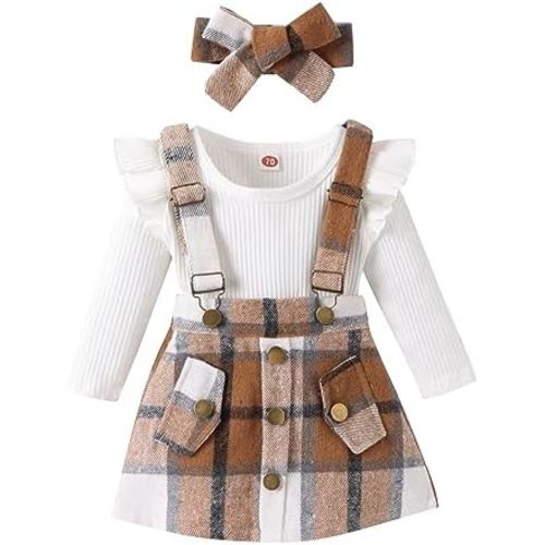 Baby Girls Fall Outfits Long Sleeve Romper Plaid Suspender Skirt Headband Newborn Spring Clothes