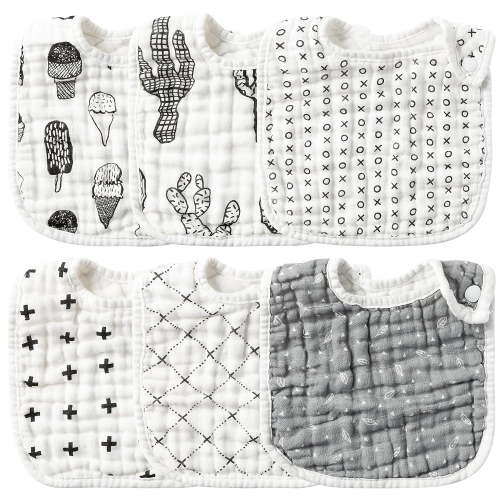 6Pcs Snap Muslin Cotton Baby Bibs White Grey Infants Drooling Bib Soft & Absorbent Adjustable Unisex Burp Cloths Feeding Cloth for Toddlers Girls Boys Newborns Eating Teething 0 to 24 Months