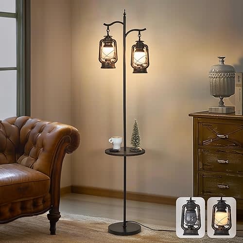 Farmhouse Floor lamp with Table, Double Head Vintage Floor Lantern, Standing lamp for Living Room，Bedroom, Rustic Floor Lamp with Black Brown Finish