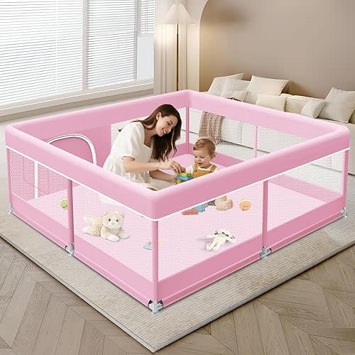 Baby Playpen 50 x 50 Inch Play Pen Playards, Playpen for Babies and Toddlers, Baby Playard for Indoor & Outdoor Active Center Game Fence, with Skin-Friendly Fabric and Soft Breathable Mesh Pink