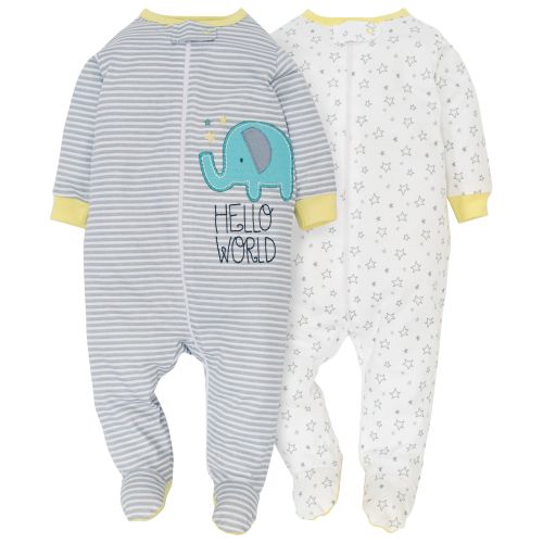 Gerber 2 Pack Grey Striped Elephant Applique and White Star Printed Zip Up Footies
