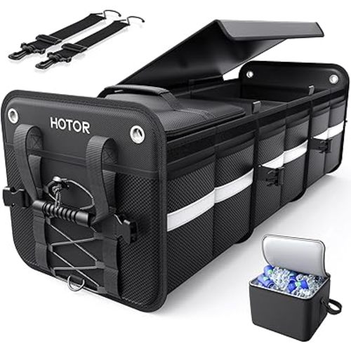 HOTOR Trunk Organizer - 3-Compartment Car Organizer and Storage with Cooler Bag, Foldable Car Storage Organizer for SUV with Handles & Strap for Shopping, Picnic, 33.1" x 13.0" x 11.8", Black