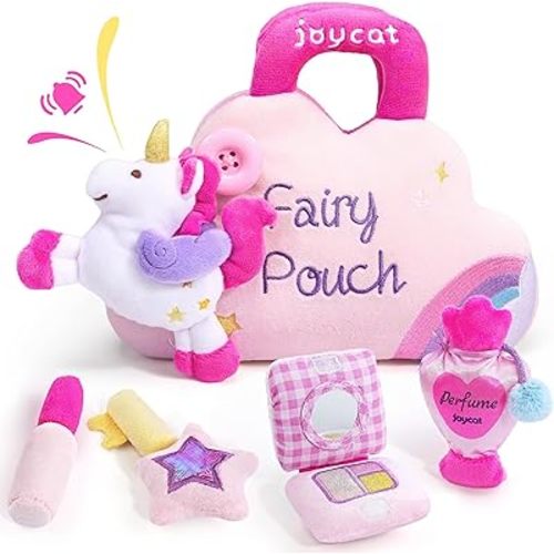 JoyCat My First Purse for Toddler Girls 1-3, 5 PCS Plush Unicorn Pretend Play Set with Lipstick, Perfume, Palette & Star Key, Soft Sensory Easter Basket Gifts for Girls