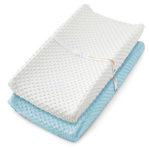 Homiest 2 Pack Changing Pad Cover, White + Light Blue Changing Table Sheets, Ultra Soft Fleece Minky Dot Fabric, Breathable Comfortable Diaper Pad Cover for Girls and Boys, Machine Washable