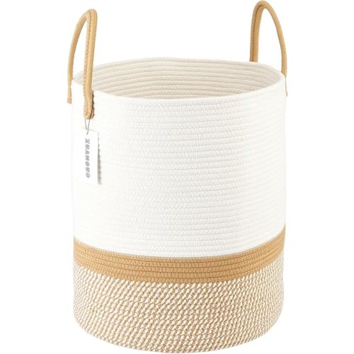 Cotton Rope Laundry Basket Hamper for Clothes Woven Storage Basket for Living Room Bedroom Boho Tall Rope Baskets for Blanket Toys Pillow Towels Baby Nursery Hamper Bin White and Brown