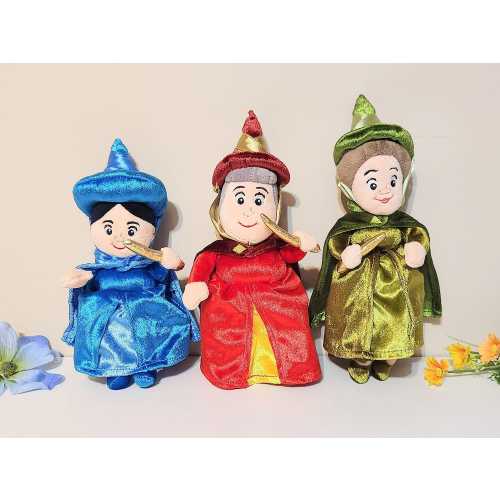 Rare Disney Sleeping Beauty Flora-Fauna- Merryweather Fairy Godmother 11" Plush Doll Set of 3-Princess Aurora