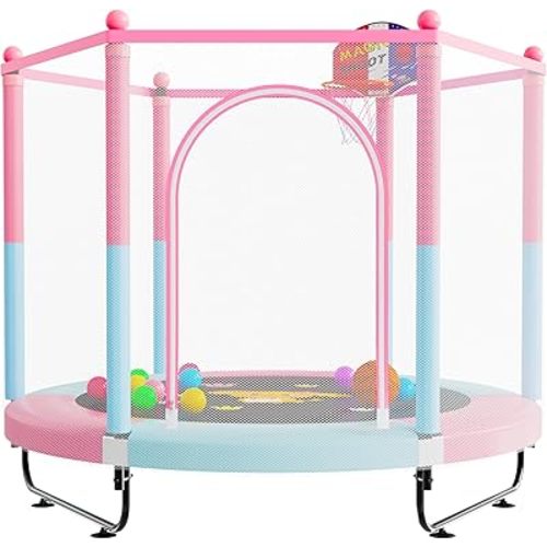 60" Trampoline for Kids, 5 FT Indoor & Outdoor Toddler Baby Trampoline with Basketball Hoop, Safety Enclosure, Birthday Gifts for Kids, Gifts for Boy and Girl, Age 3-8
